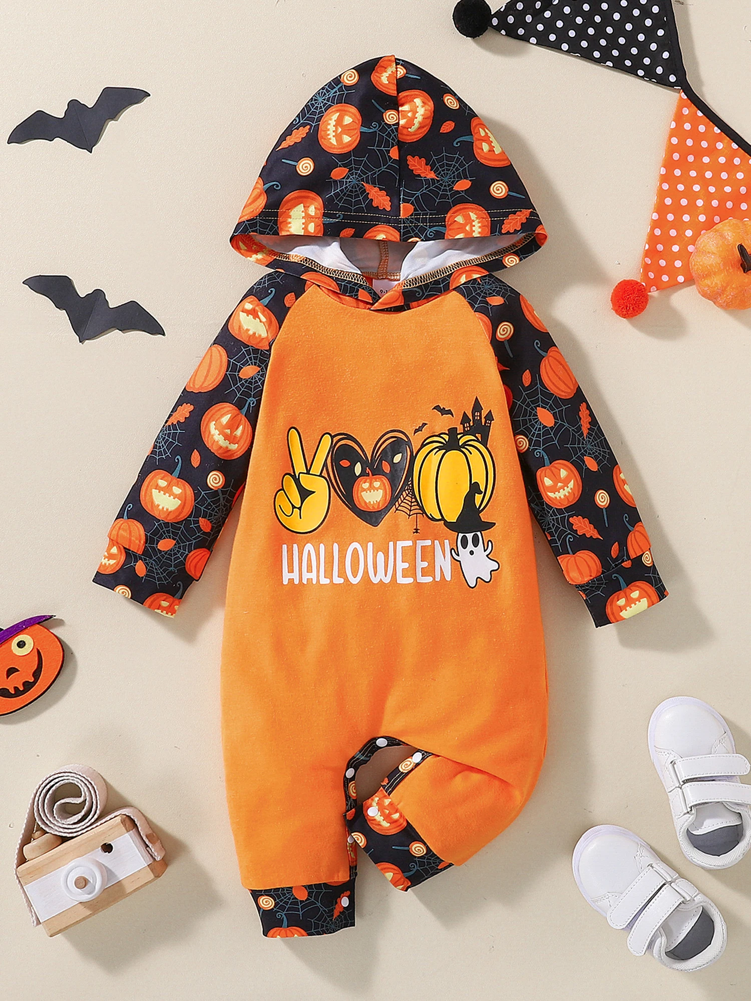 Cute Halloween Infant Bodysuit Adorable Hooded Romper with Long Raglan Sleeves and Fun Cartoon Print Design