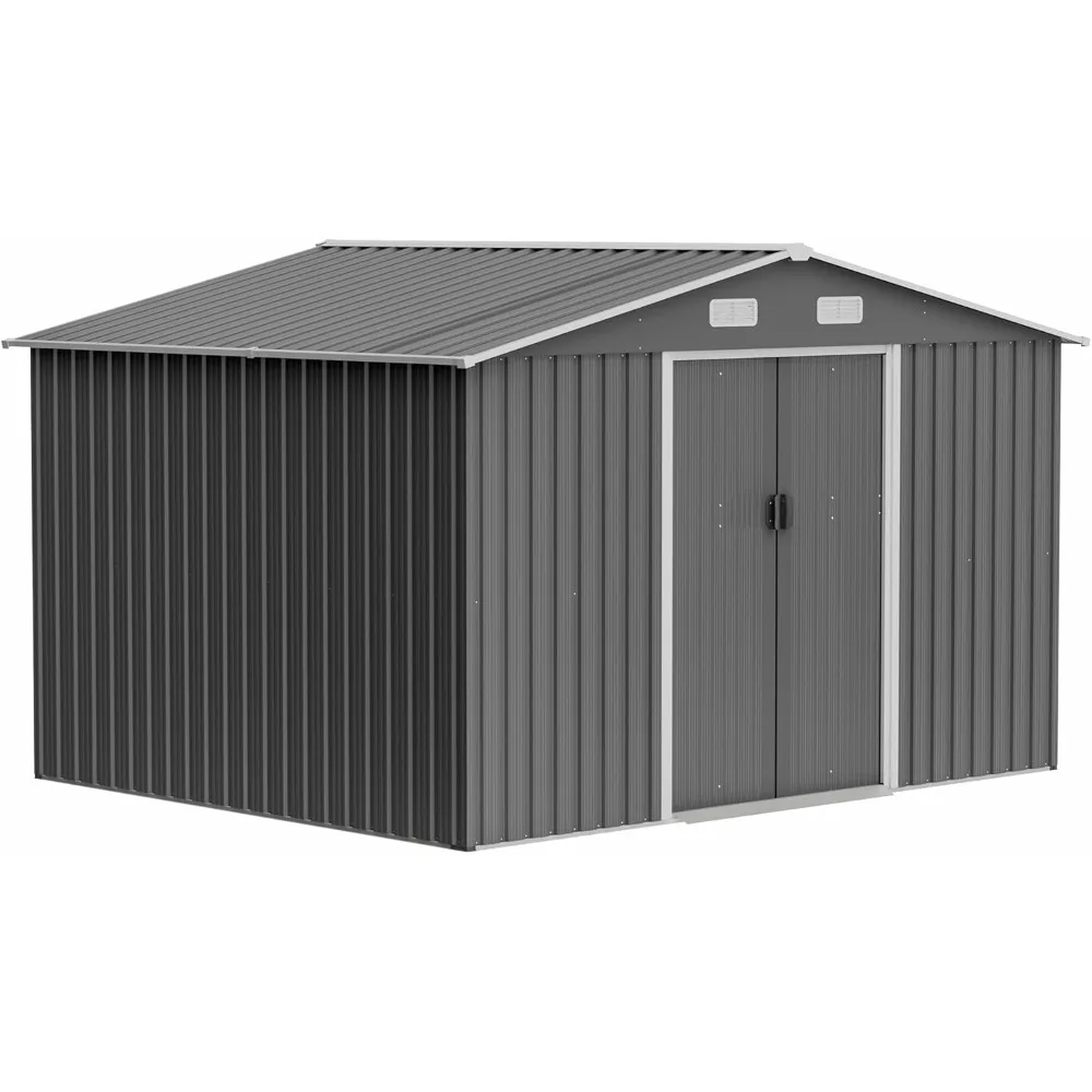 

10X8 FT Outdoor Storage Shed - All Weather Metal Garden Tool Storage Shed with Floor Foundation, Air Vents & Lockable Sliding Do