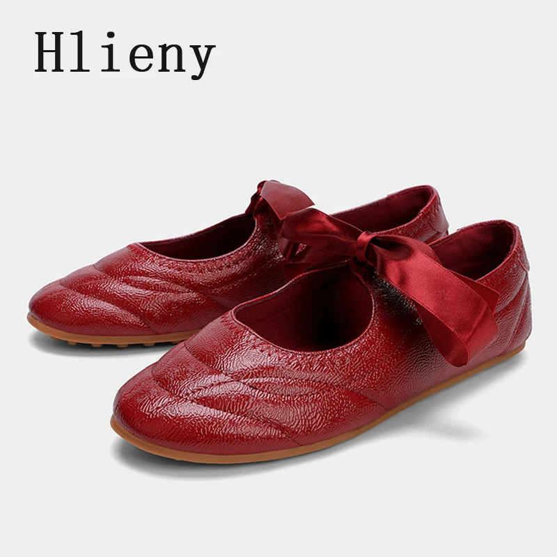 hlieny-ファッションソフトレザーラウンドトゥレースアップ女性バレエフラット快適なウォーキング怠惰なローファーカジュアルガールズダンスシューズレッド