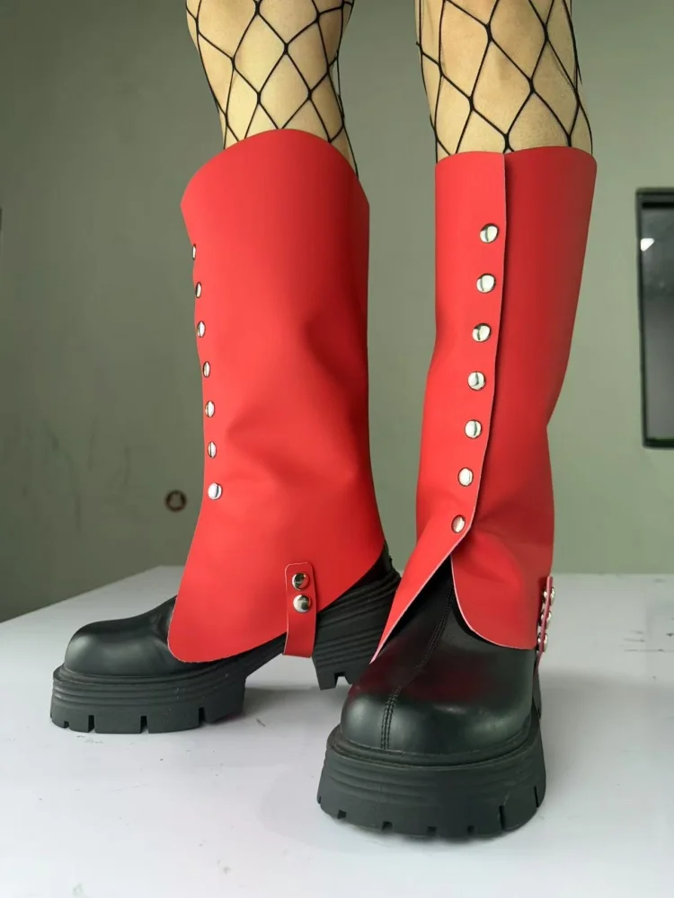 

Medieval Retro Viking Knight Leather Greaves Adjustable Red Studded Boots Gothic Steampunk Short Boot Cover Unisex Cosplay Props