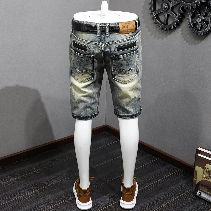 

2024Summer Retro tattered jeans denim shorts men's fashion nostalgic Korean style slim fit all-matching pirate shorts