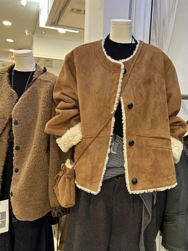 

Свободная замшевая куртка для женщин, осенне-зимняя, цельная, из смесовой шерсти и хлопка, с пуговицами, молодежный тренд, зимняя верхняя одежда