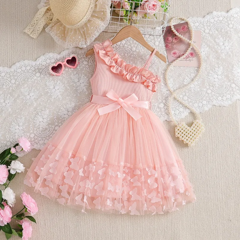 

Girls Pink Slanted Shoulder Suspender Bow Belt Spliced Dress Children Three-dimensional Butterfly Dress Wholesale