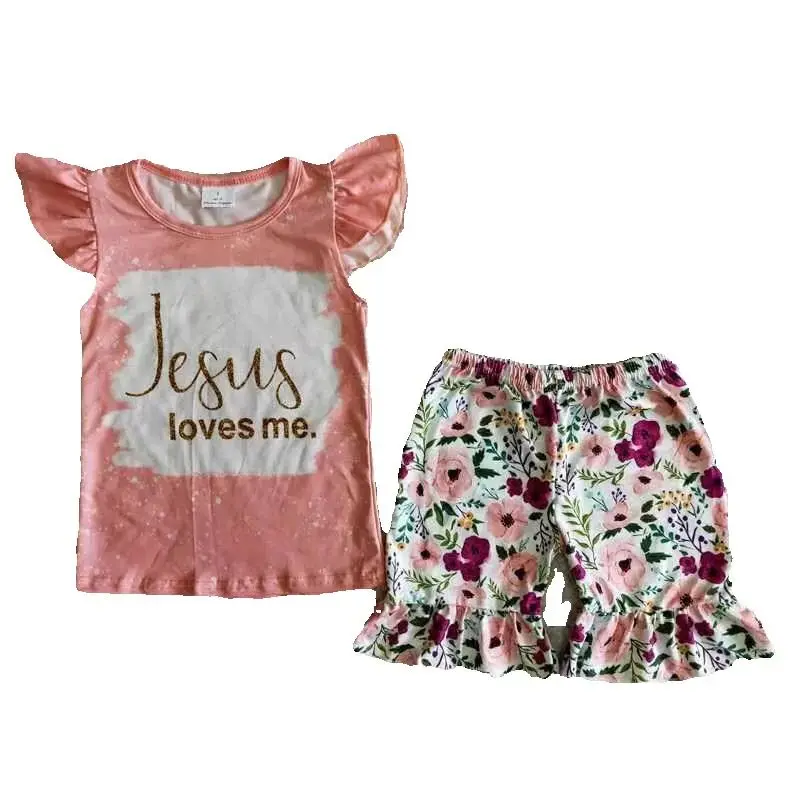 

Baby Girl Summer Short Sleeves Jesus loves me Clothes Shirt Kid Ruffle Floral Shorts toddler girl clothes Sets Cheap Price