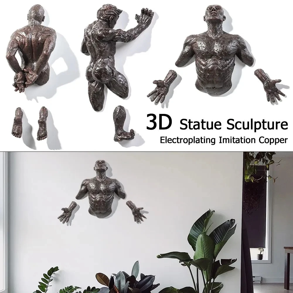 Electroplating Imitation Copper Wall Decor Abstract Character Resin Climbing Man Statue Sculpture 3D Through Wall Wall Art Gifts