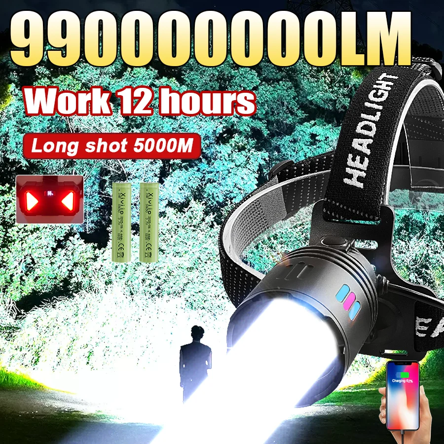 99000000LM Ultra Powerful Headlamp USB Rechargeable LED Lamp Super Bright Head Flashlight Long Range Headlamp Fishing Head Light