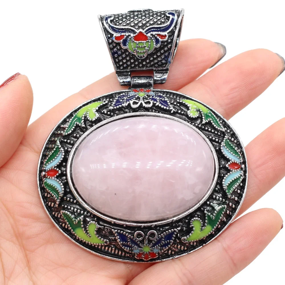 Oval Natural Crystal Semi Precious Stone Carved Pendant with Exquisite Jewelry Accessories DIY Ethnic Style Necklace 60x70mm