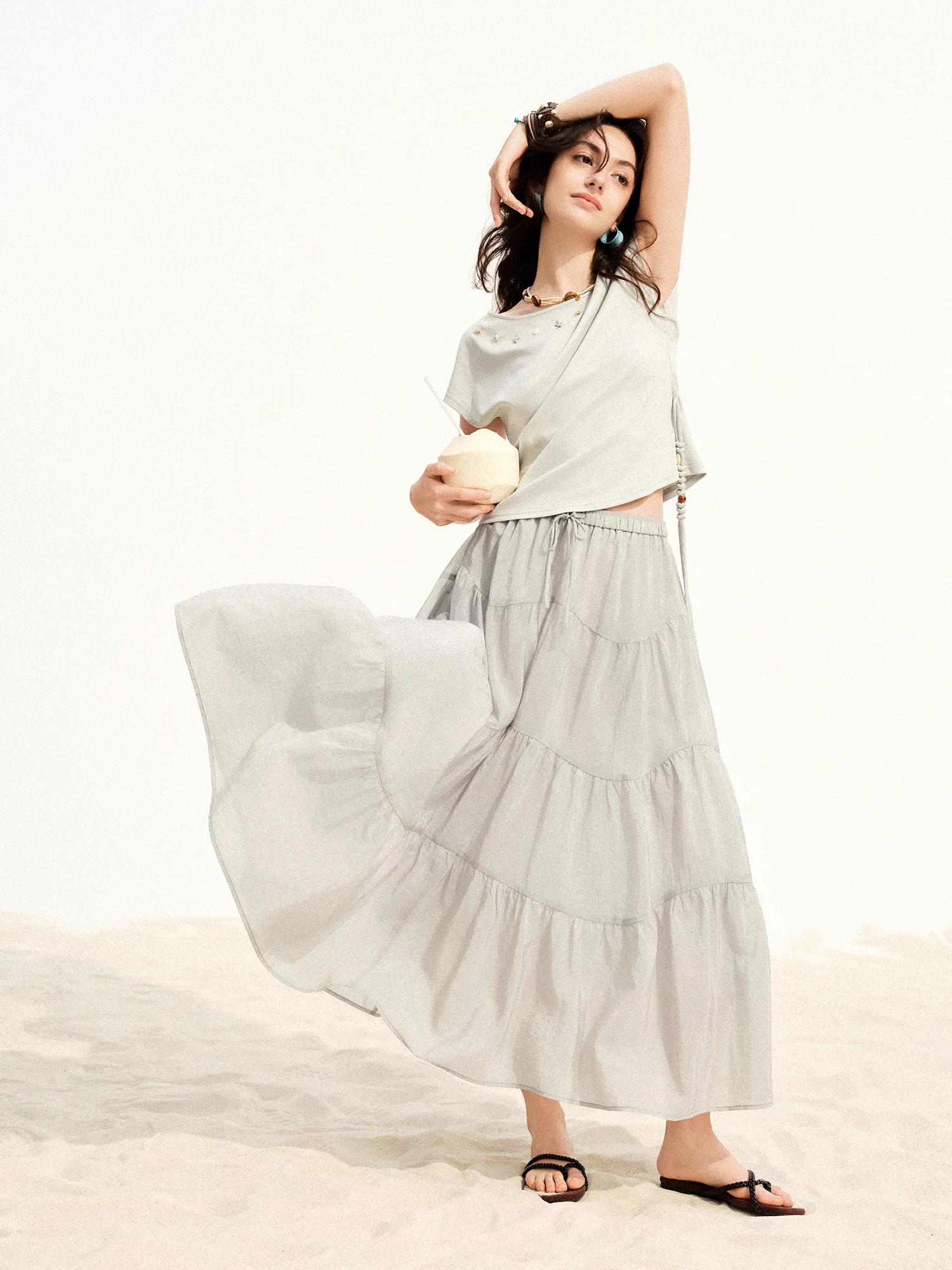 DUSHU Tiered Midi Skirt High Elastic Waist Arc Split Cake Skirt Summer Casual Solid Lake Green Women Ins Fairycore