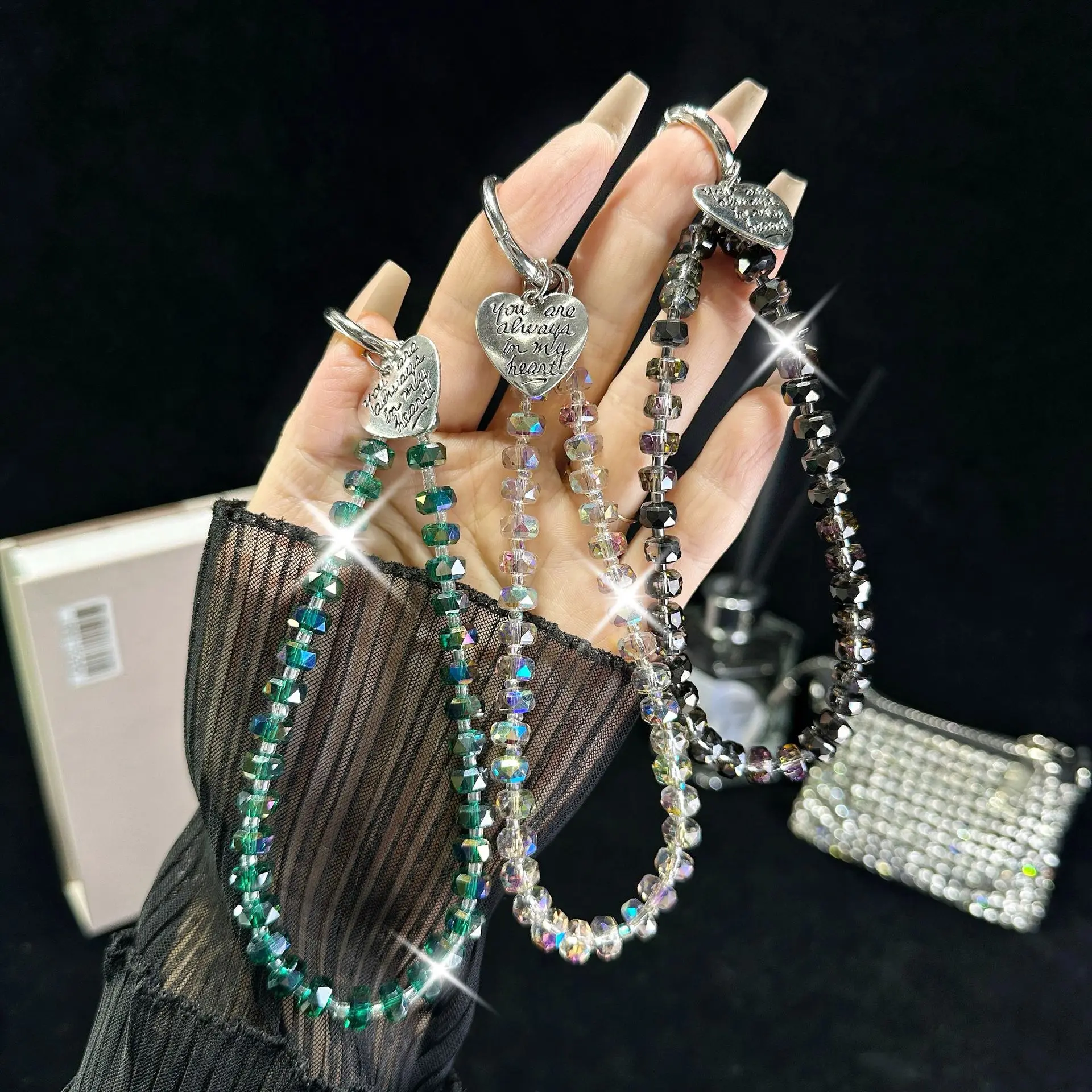Versatile Imitation Crystal Wrist Beads Mobile Phone Chain Simple Bag Accessory Keychain Heart-Shaped INS Pendant Lanyard