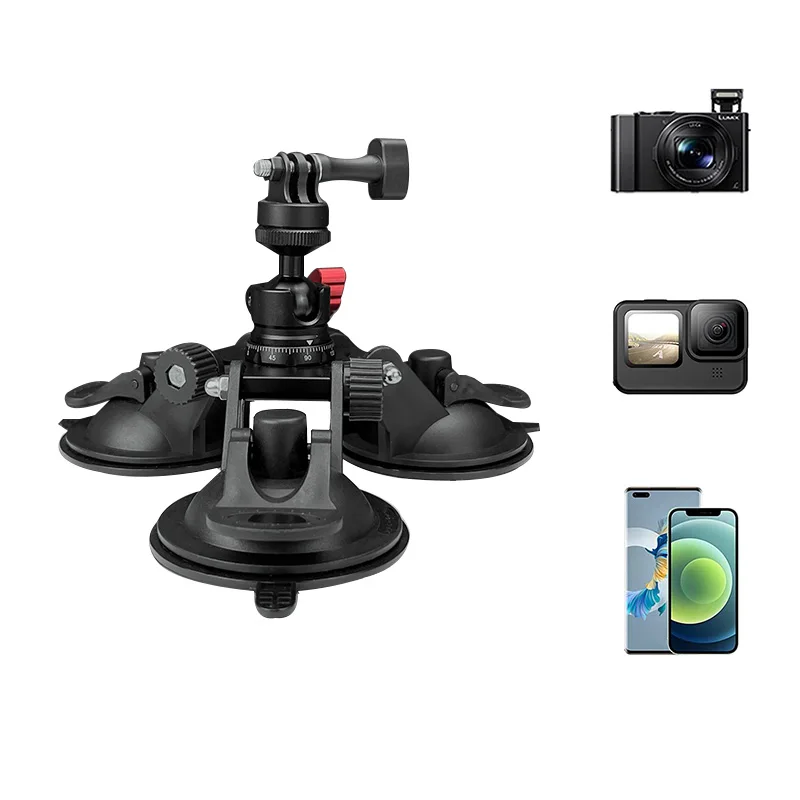 New Design Triangle Suction Cup Mount Holder with Mini Camera Ball Head Mount Gopro Adapter