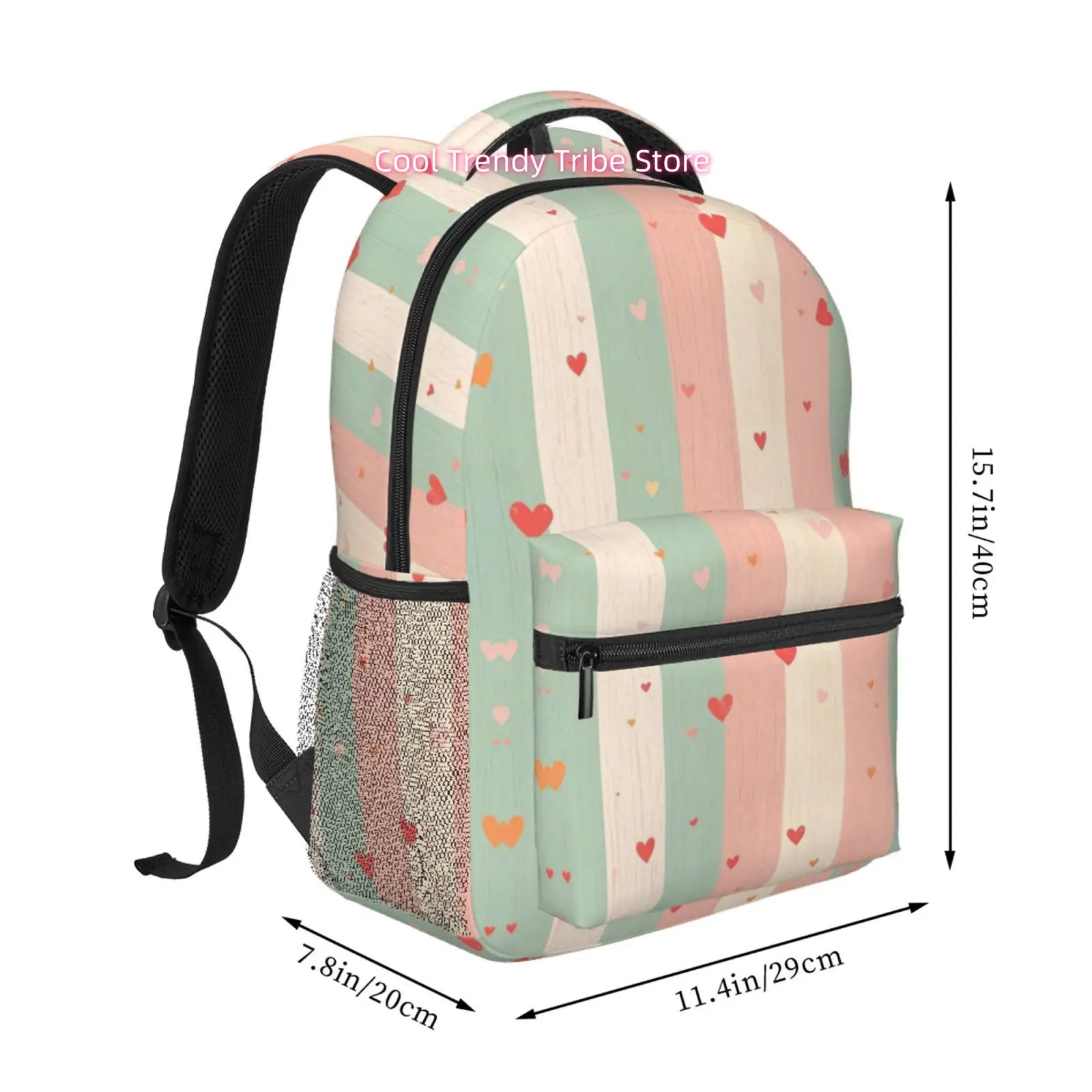 Pastel Mint Pink Cream Vertical Stripe & Multicolor Heart Print Backpack - Large Capacity Laptop Suitable for Work,, Travel, Adj