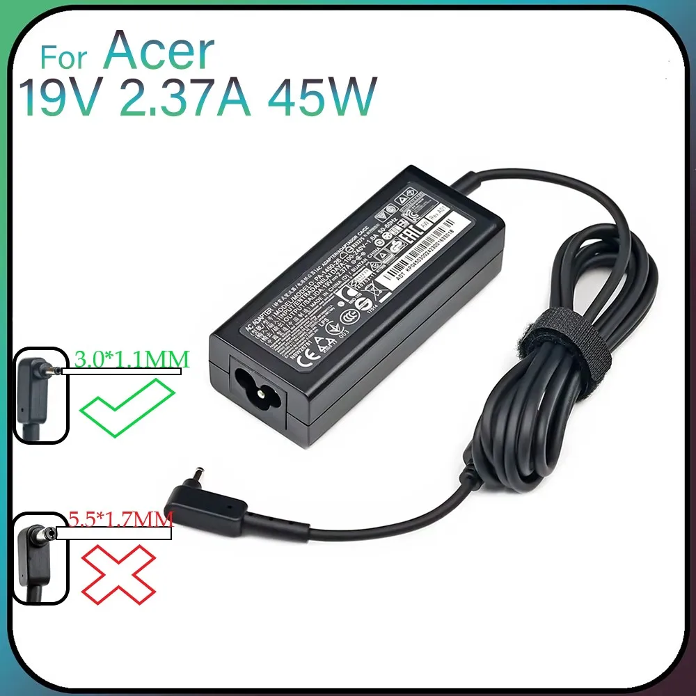 Cargador de ordenador portátil, adaptador de corriente CA para Acer Spin 1, SP111-32N, 3, SP314-51, Swift 1, SF113-31, SF114-32, 19V, 2.37A, 45W