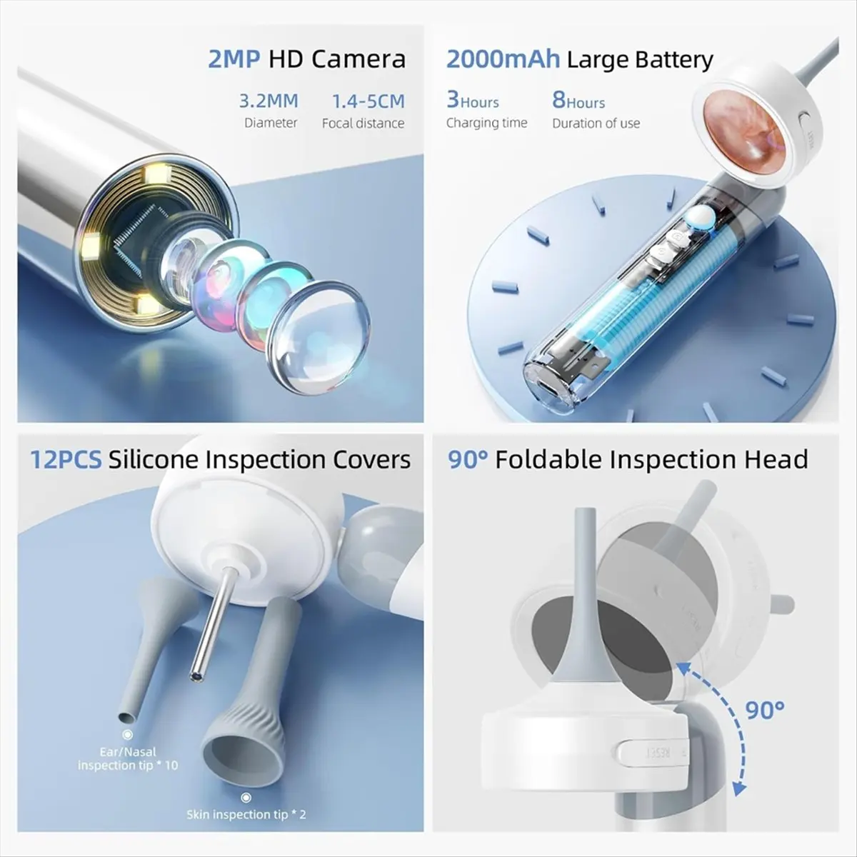 Otoscope auriculaire sans fil avec caméra HD 1080P et 4 lumières LED Caméra auriculaire à écran IPS 1,38 pouces avec tête d'inspection