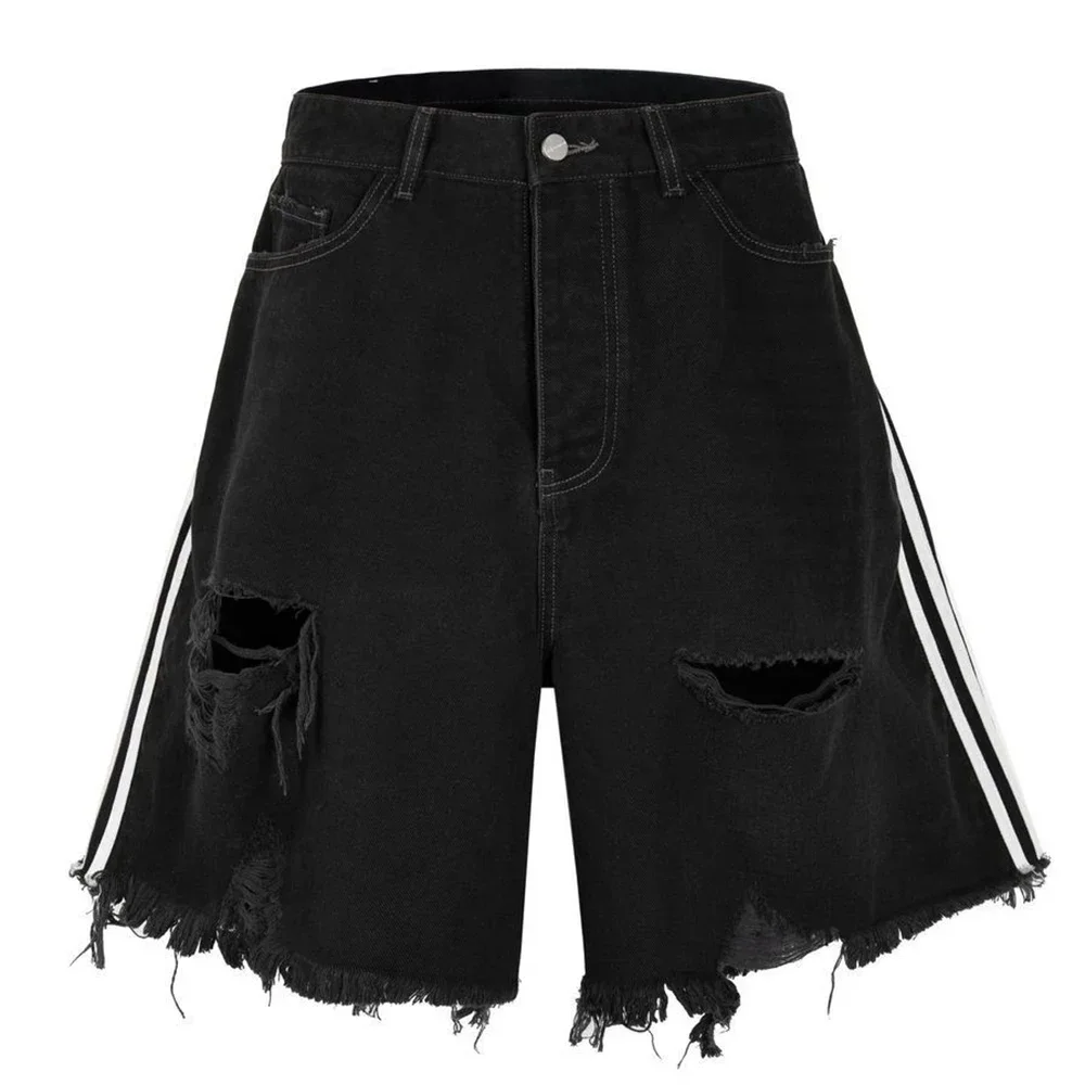 Street Y2K Shorts Heren Gestreept Stiksel Gescheurd Kwast pantaloncini di Jeans Trendy Modieus lossewassen Jeans Drie-Bar Raw Edge Broek