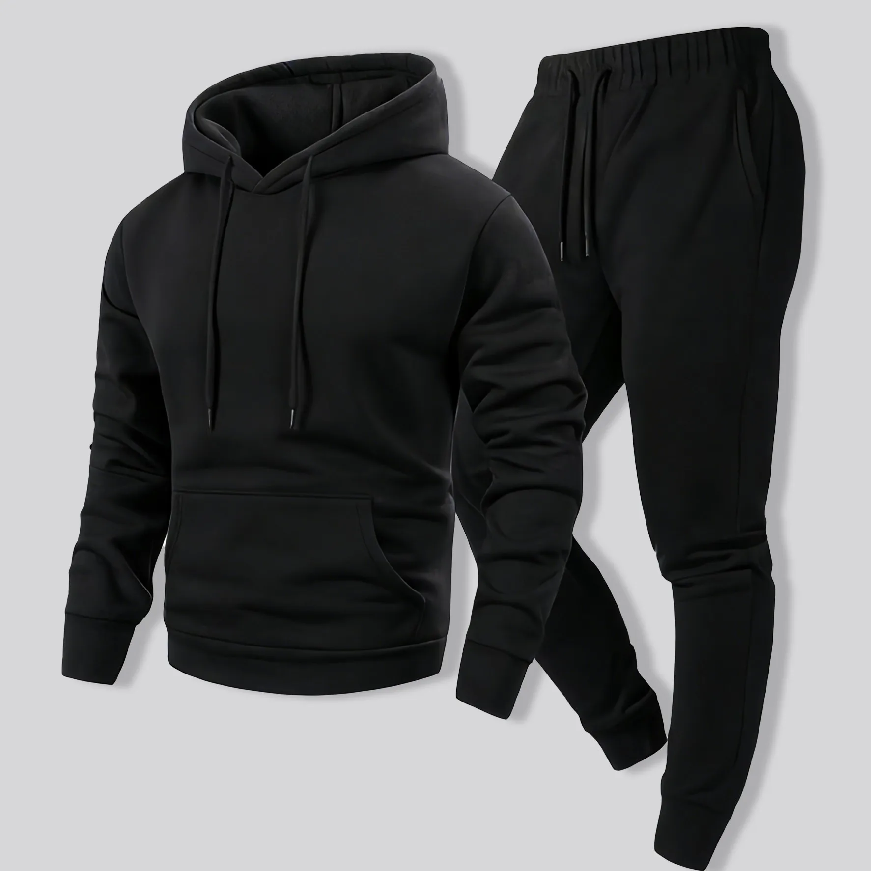 

Man's Autumn Fleece Sport Hoodie Set Solid Running Comfy Long Pant Casual Simple Clothes Basic Warm Street Pullover Pocket Pants
