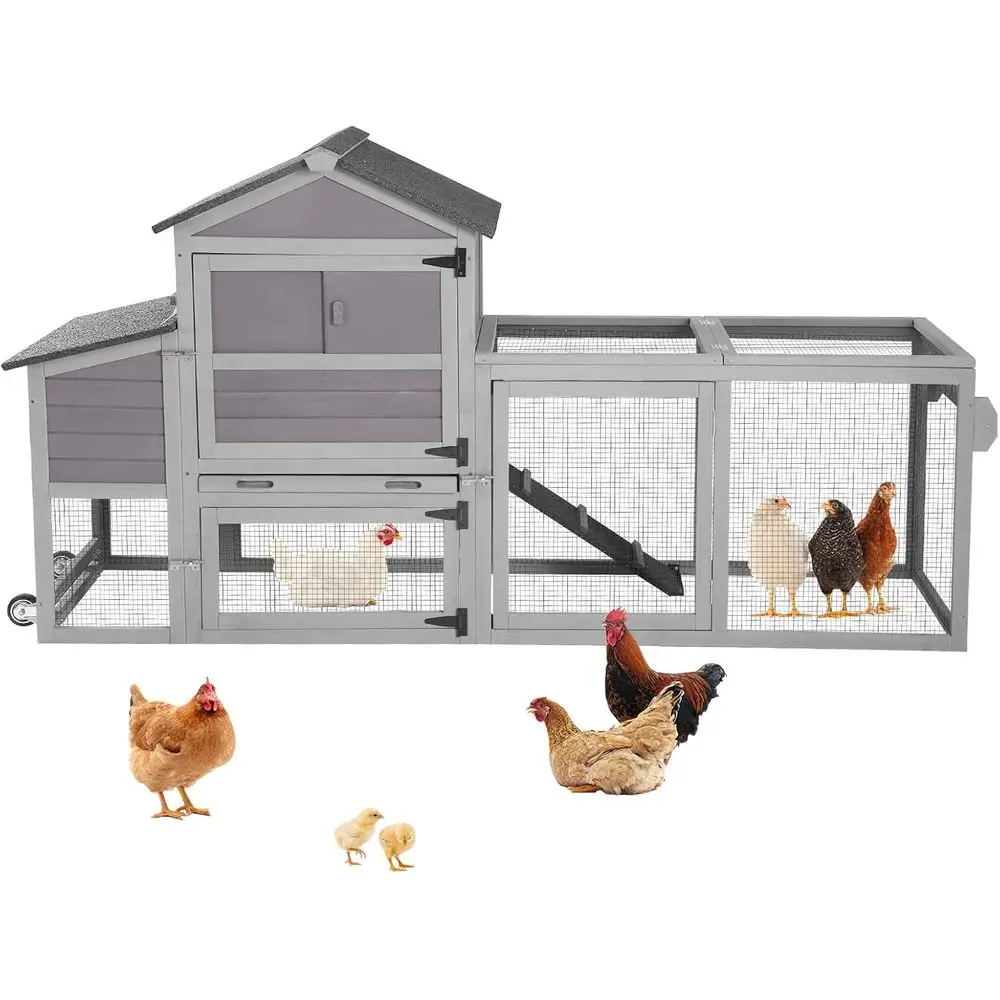 

Большой серый курятник на колесах с гнездовым ящиком, съемными поддонами, несколькими входами и манежем для 2-3 кур