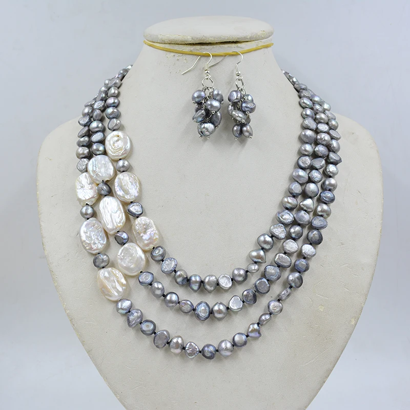 3-strand 8MM natural gray/white Baroque pearl necklace/earring set