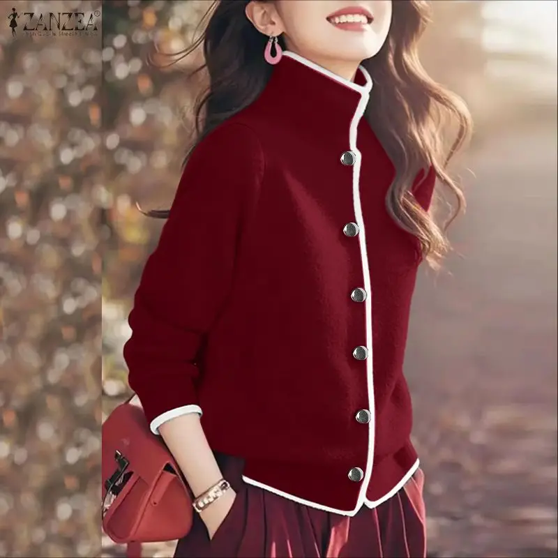 ZANZEA femmes élégant polaire tricoté Cardigans contraste-garniture col roulé à manches longues boutonné vestes automne hiver femme manteaux