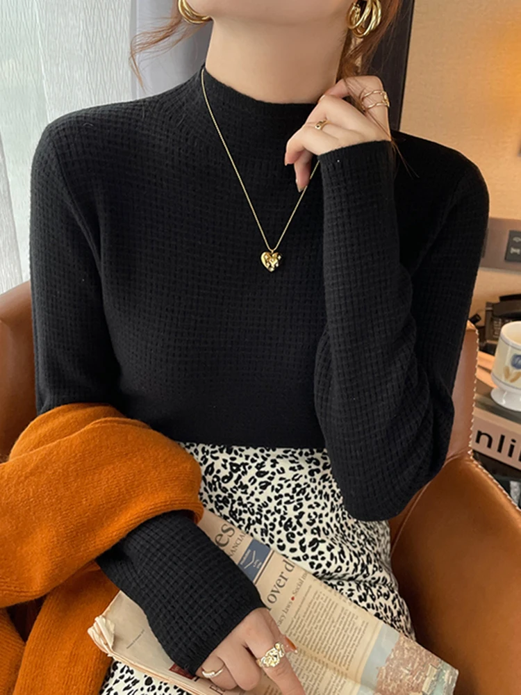 Women Autumn Winter Turtleneck Sweater Vintage Solid Waffle Pattern Knitted Female Sweaters Tops Casual Slim Pullover Jumpers