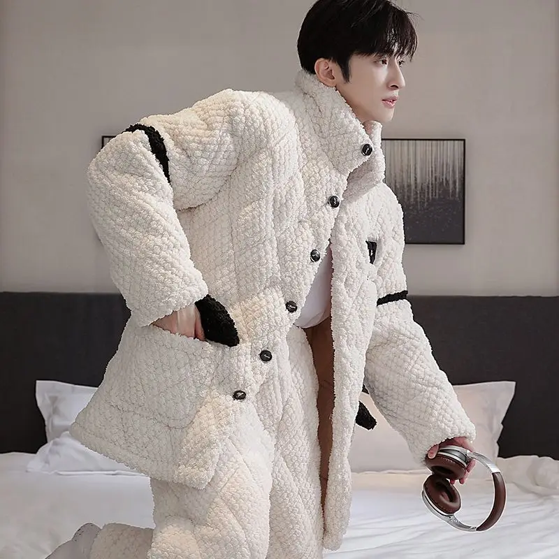 Autumn Winter Pajamas Cotton Fleece Thickened Warmth Men's Coral Fleece Home Wear Cotton-padded Jacket Cotton-padded Clothes