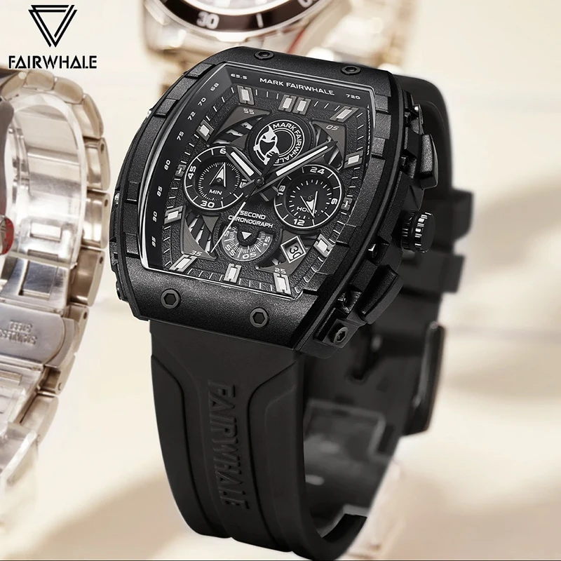 

2024 Hot Sports Watch For Mens Brand Mark Fairwhale Multifunctional Tonneau Clock Fashion Cool Black Quartz Wristwatch Boy Reloj