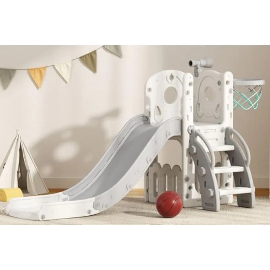 

Toddler Slide 6 in 1 Indoor Outdoor Playset for Age 1-3 Grey Freestanding Climber with Basketball Hoop Ball Storage Space Teles