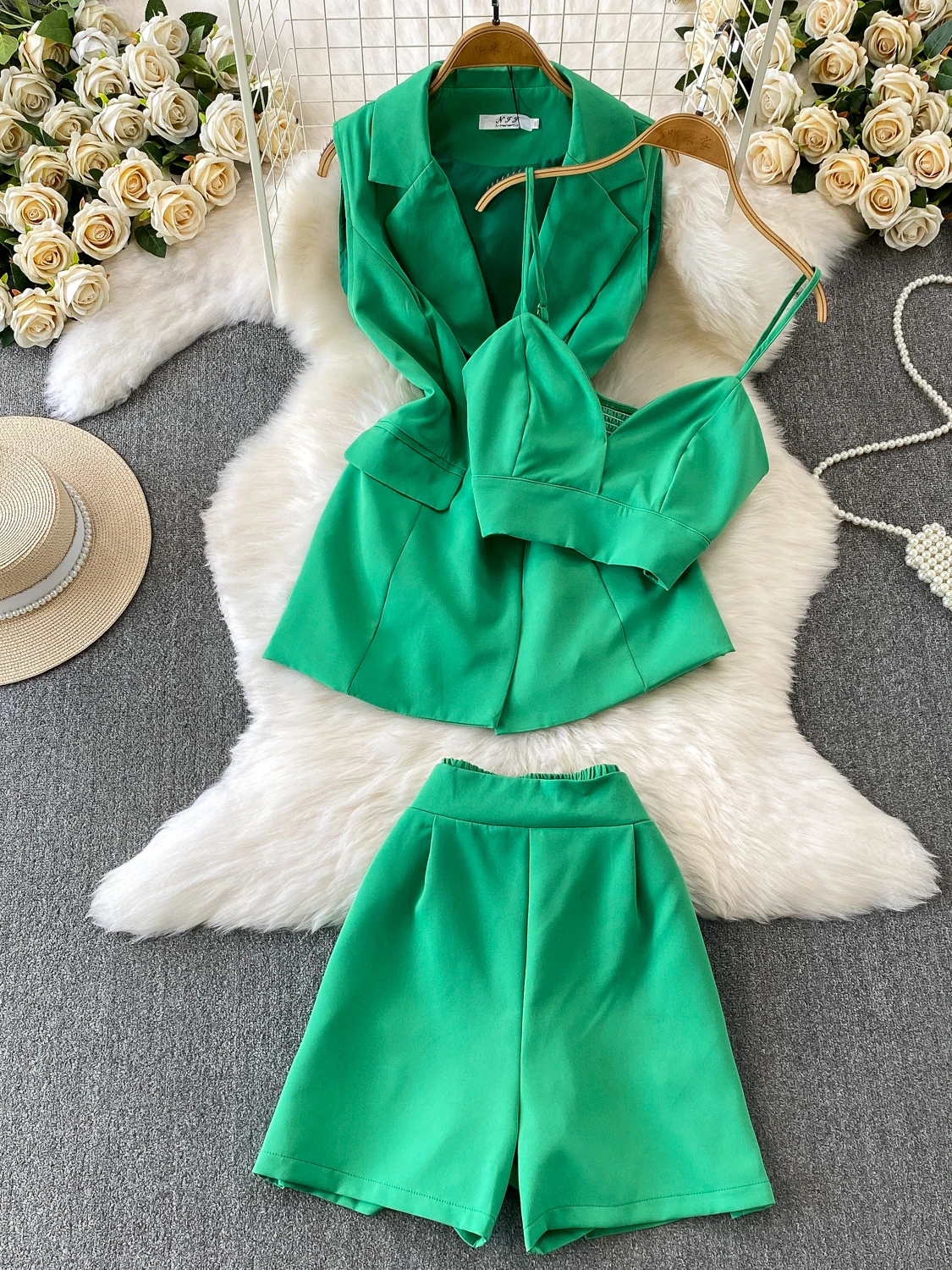 

Elegant Midi Suit Set for Women Fashionable Three-Piece Ensemble with Jacket And Pants Casual Workwear High Waist Design