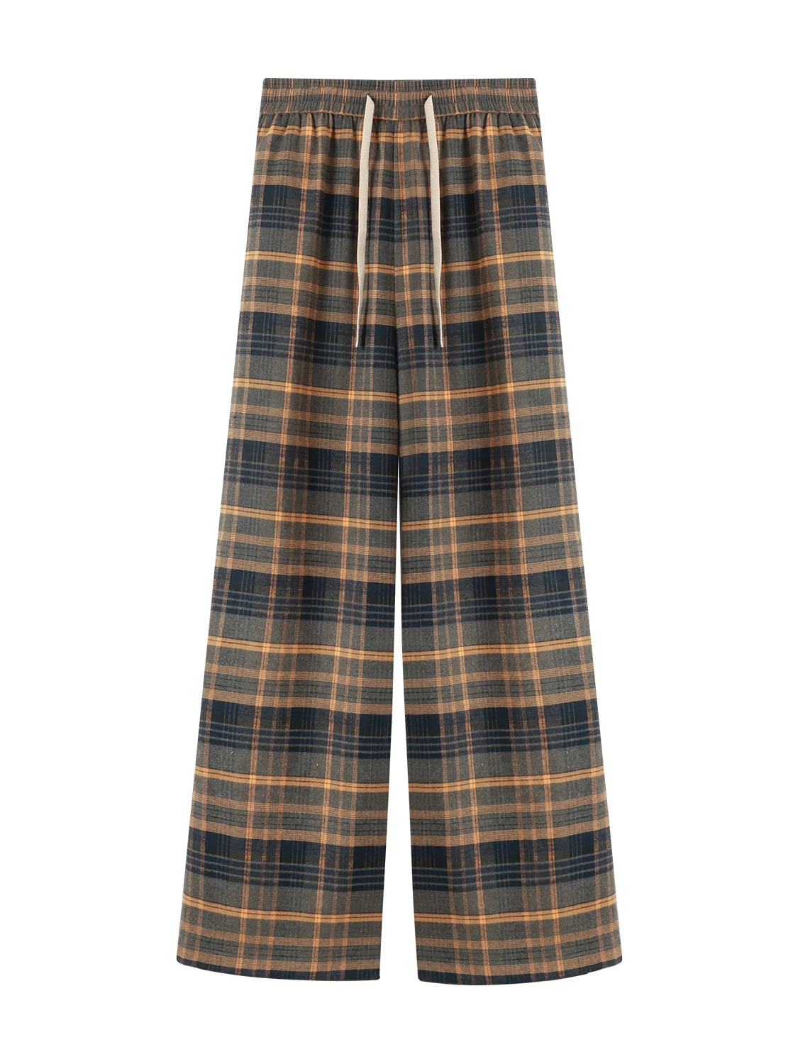 

plus Size Women's Plaid Wide Leg Casual Pants High Waist Korean Style Fashionable Set Winter Season Straight Cut Trousers