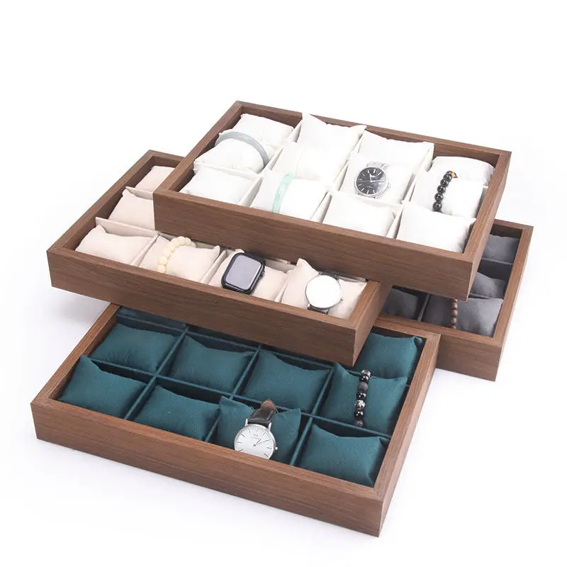 New Walnut Color Jewelry Display, Pillow Style Ring Bracelet Organizer, Multi-Layer Showcase Storage Box for Countertop