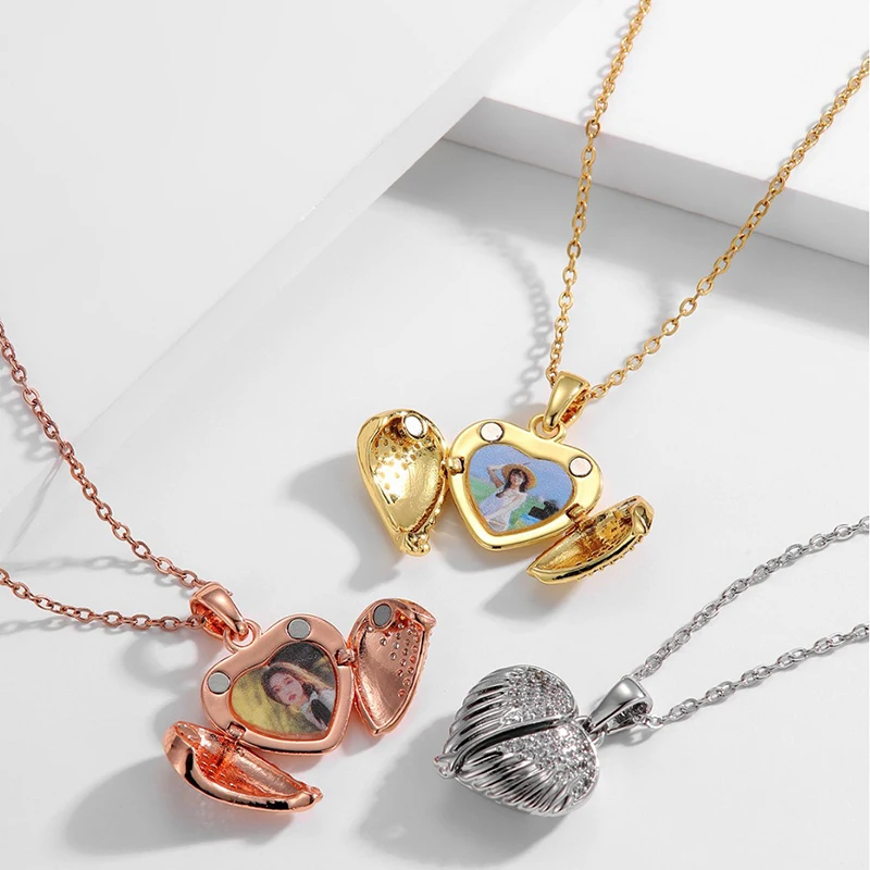 Hollow Heart Locket Pendant DIY Photo Engraving Openable Winged Charm for Jewelry Making