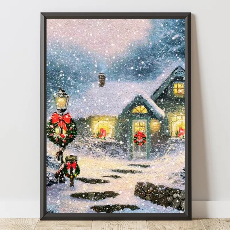 Vintage Snowy Christmas Cottage Canvas Wall Art Winter Snowfall Wreath Lantern Scene Xmas Home Wall Print Unframed Canvas Poster