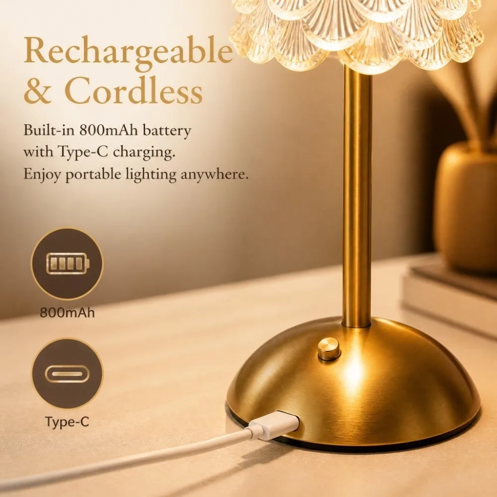 Touch Control Rechargeable Desk Lamp Glass Dimmable Rechargeable Table Lamp Christmas Tree Rechargeable Bedside Lamp Home