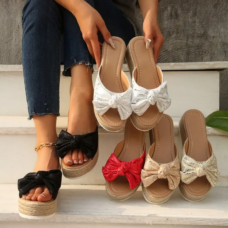 Damen Mode Casual Party Club Schuhe Schleifendesign Plateau Keilabsatz Pantoffeln Sandalen Damen Sommer Mode Flip-Flops