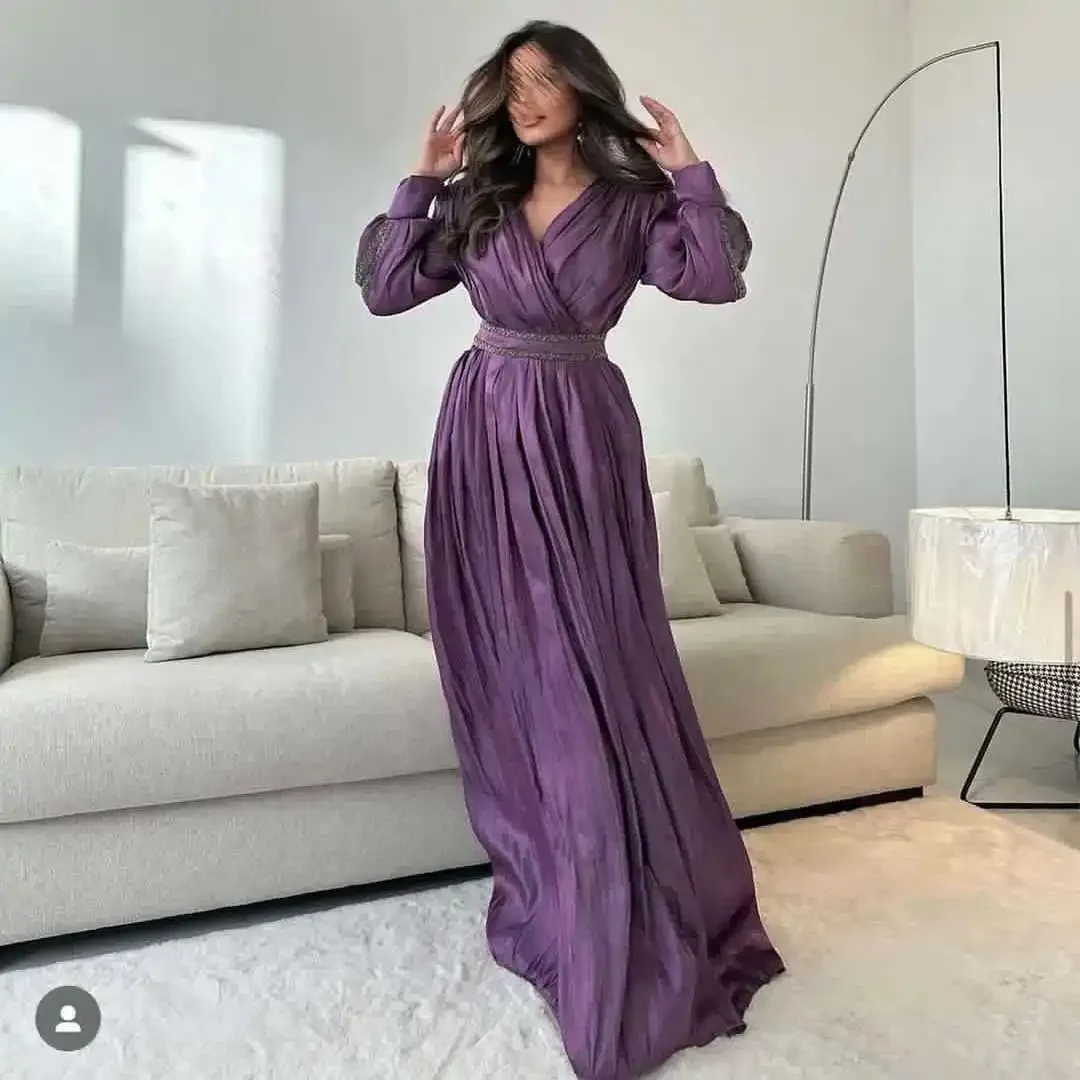 Luxury Purple Evening Dresses Zipper Up V-Neck Prom Dresses Full Sleeves Floor-Length Saudi Arabia Wedding Party Dress Gala 2024