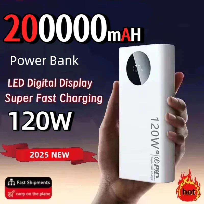 Lenovo 200000mAh Power Bank 120W Fast Charging High Capacity Portable Battery Charger Moblie For iPhone Samsung Xiaomi NEW