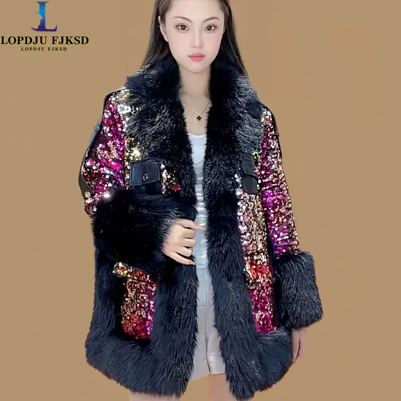 Faux Fur Coat for Women,Fur Collar,Spliced Overcoat,Covered Button Tops,Female Clothes, Warm,Luxury,New,Winter,2025