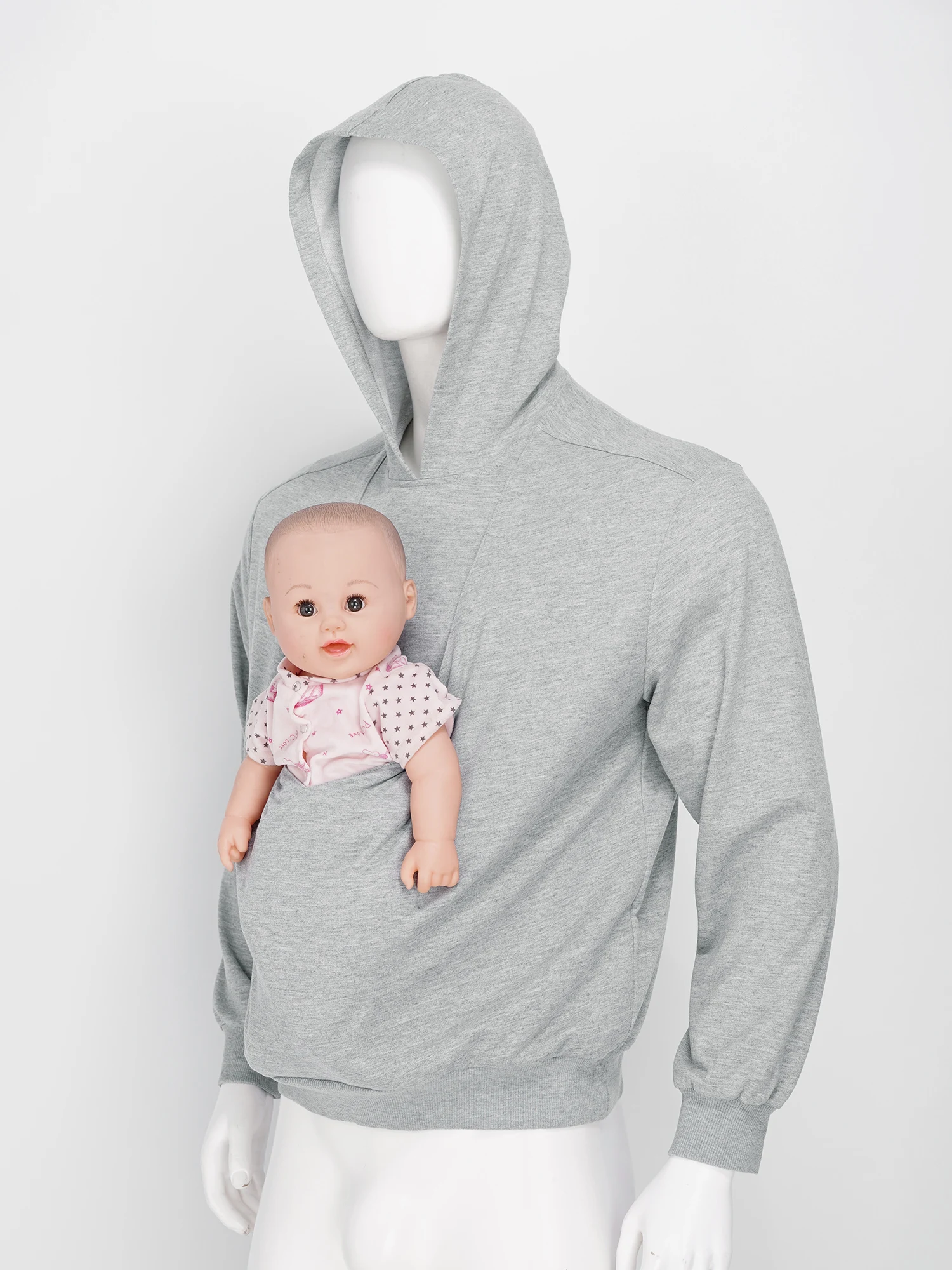 Herren-Känguru-Hoodie für Väter und Babytragen, einfarbig, mit großer Tasche vorne, Kapuzen-Sweatshirt, lässiger Langarm-Pullover – Detail 11