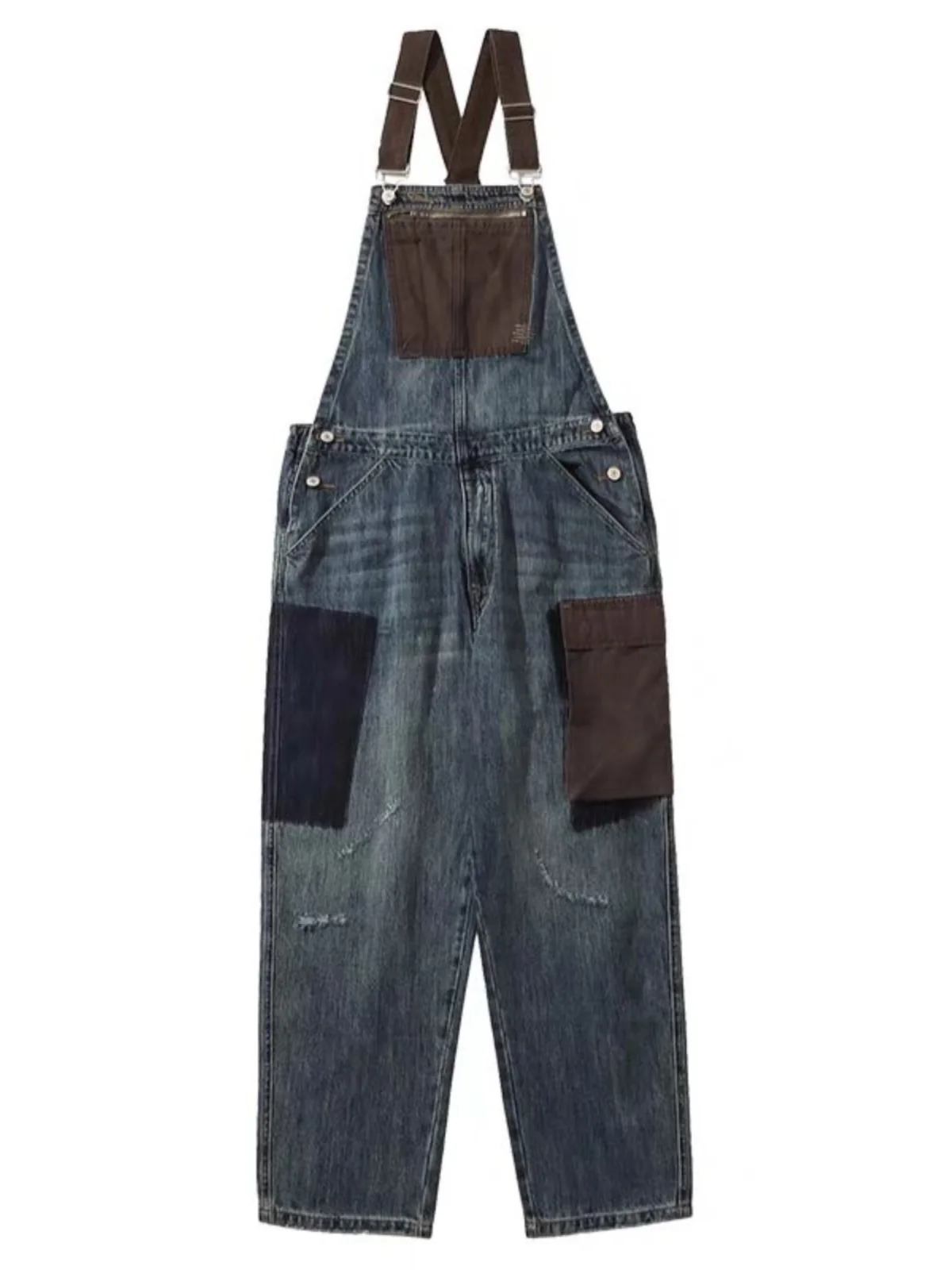 

High-End Retro Motorcycle Japanese Style Workwear Overalls Men's Women's Spliced Color Block Strap Denim Jeans One-Piece