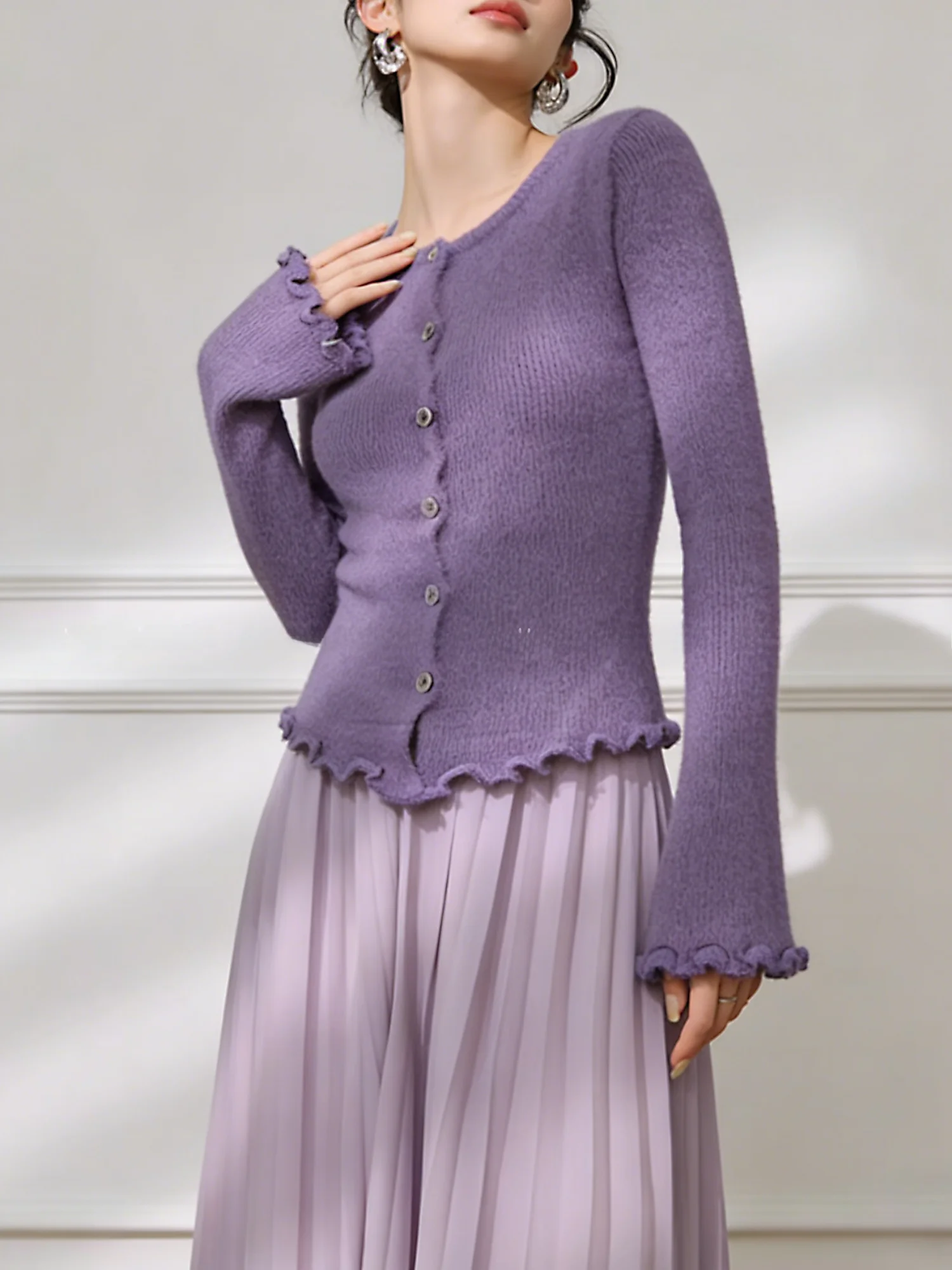 

Lulu Knitted Purple Slim Fit Women's Open Cardigan Autumn Winter Fashionable Ageless Style Long Sleeve round Neck Top