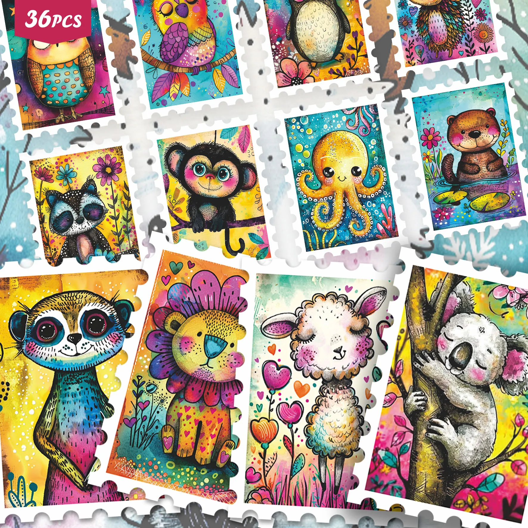 36PCS Whimsical Watercolor Animal Stickers, Bright Folk Art Creature Aesthetic Cutout Set for Journals, Planners & Decor