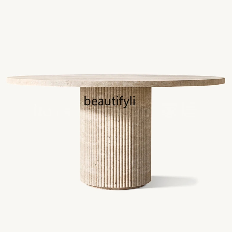 Travertine dining table household size apartment, wabi sand wind light luxury round marble, cream wind, table