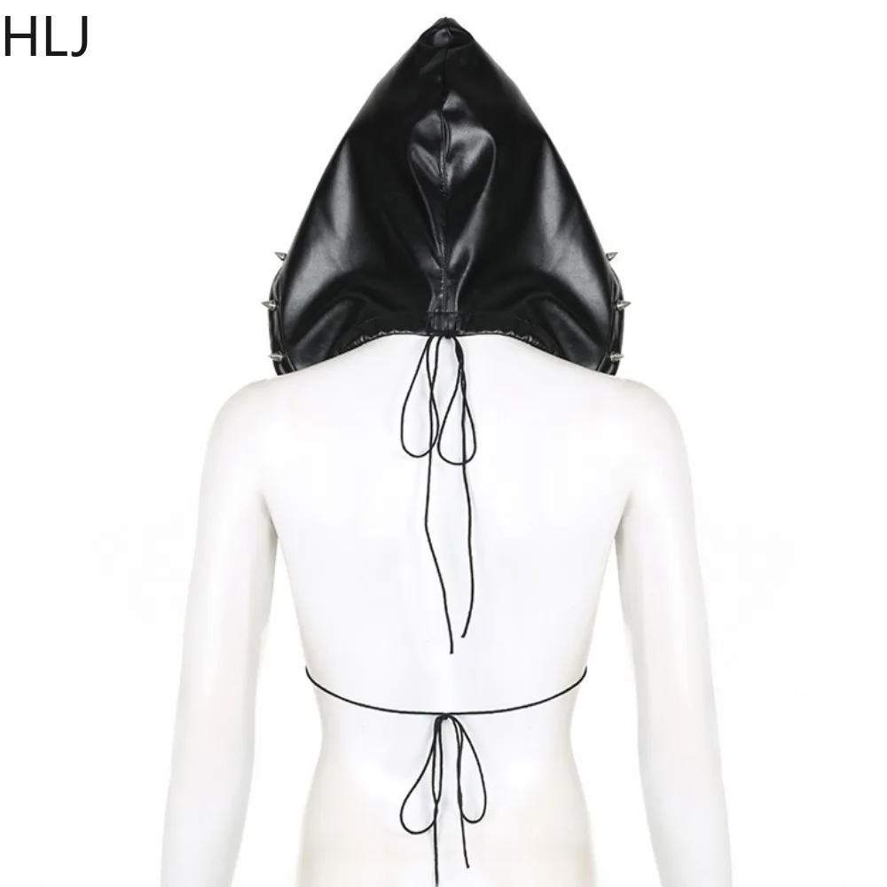 HLJ Black Punk Sexy Leather Pleated Mini Skirts Two Piece Set Women Hooded Backless Lace Up Crop Top And Skirts Nightclub Outfit