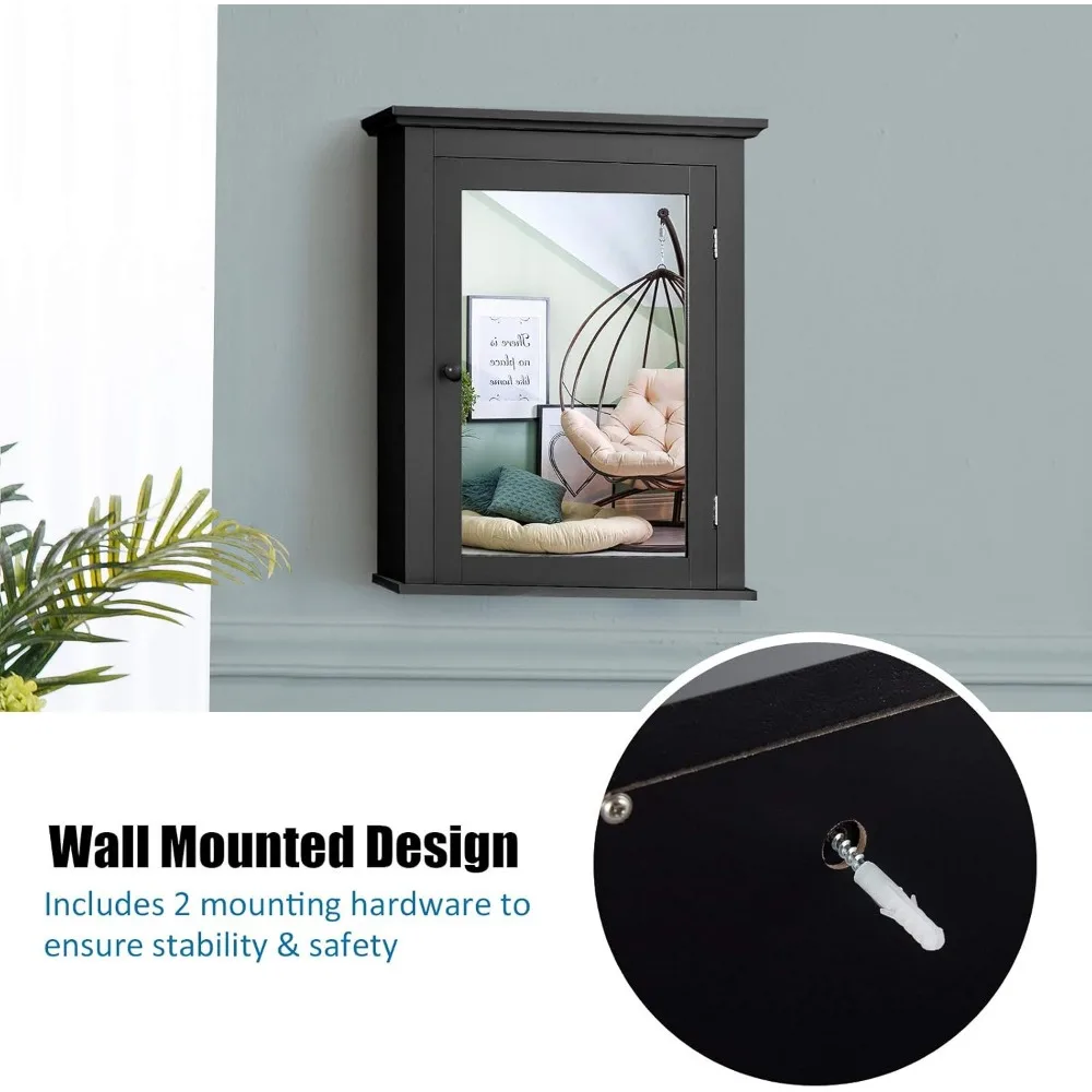 خزانة تخزين الحمام ذات المرآة المثبتة على الحائط مع باب واحد ورف قابل للتعديل