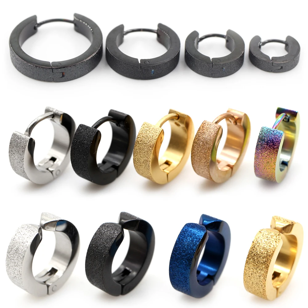 Alisouy 2pcs Punk Stainless Steel Frosted Scrub Round Smooth Circle Unisex Women Men Huggie Ear Hoop Earrings Pierced Jewelry