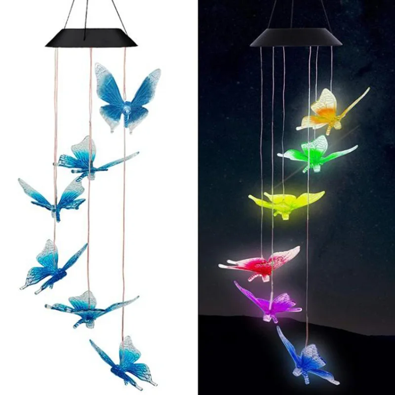 1pc Solar Blue Hummingbird Wind Chime Light LED Hummingbird Courtyard Wind Chime Light Landscape Light Courtyard Light