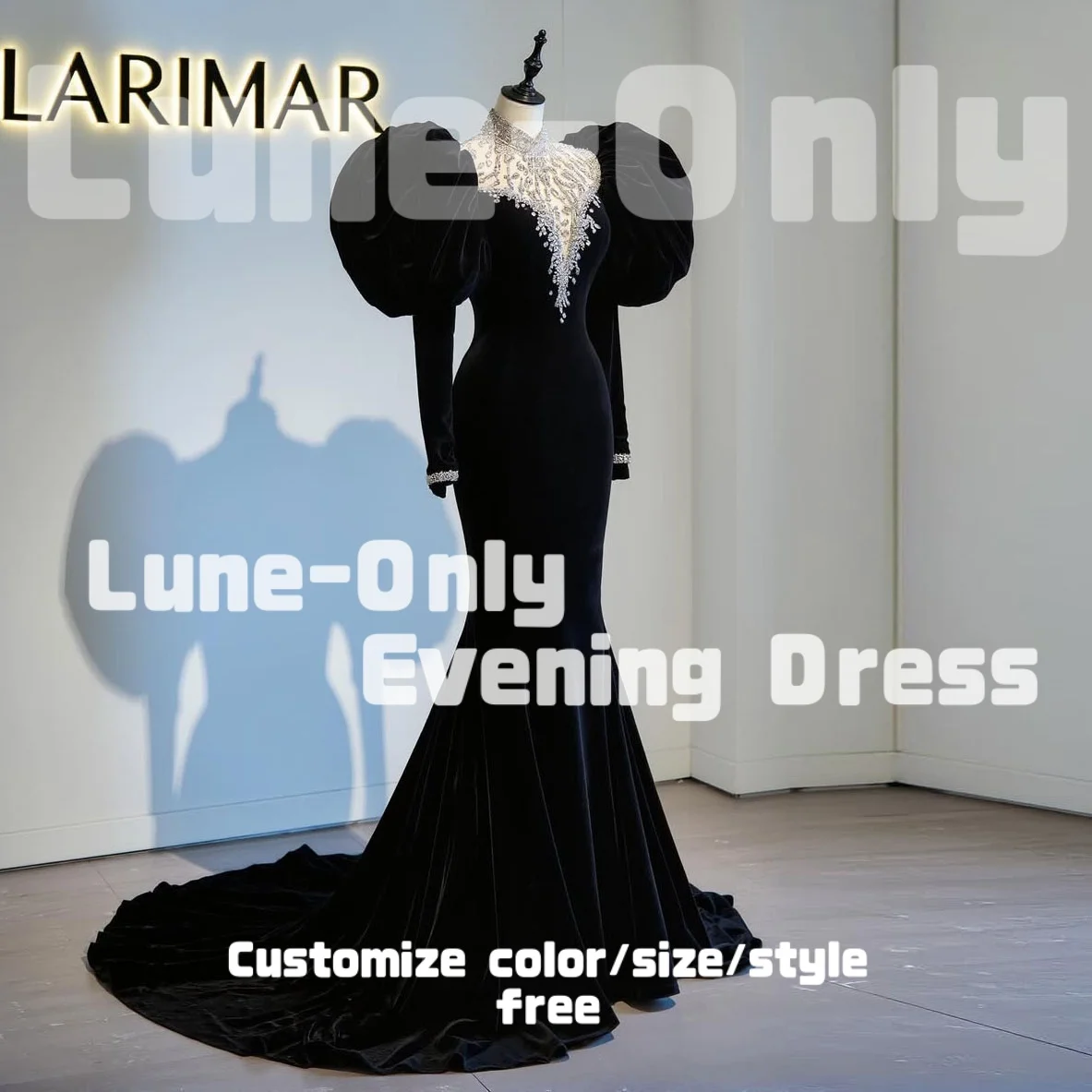 تخصيص نفخة طويلة الأكمام حجر الراين الأسود المخملية فساتين السهرة حورية البحر الطابق طول أنيقة حزب ثوب حفلة موسيقية اللباس الرسمي #1