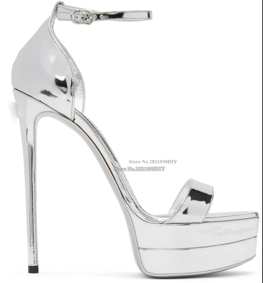 

Metallic Silvery Ankle Strap Platform Dress Sandals Women Waterproof Straps Open Toe Thin High Heel Summer Heeled Party Shoes