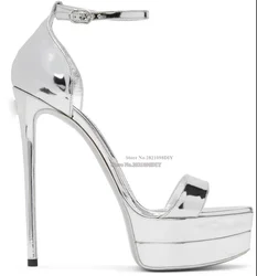 Metallic Silvery Ankle Strap Platform Dress Sandals Women Waterproof Straps Open Toe Thin High Heel Summer Heeled Party Shoes