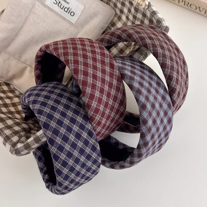 

Headband Plaid Thick Wide Crown Enhancing Sponge Soft Non Slip Retro Premium for Women Autumn Winter Chic Hair Band