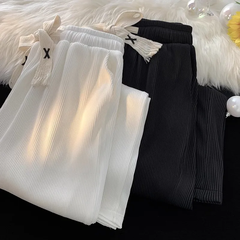 White Wide Leg Pants Men Summer Thin Ice Silk Casual Loose Straight Drapey Floor-Length Trousers Chiffon Suit Pants